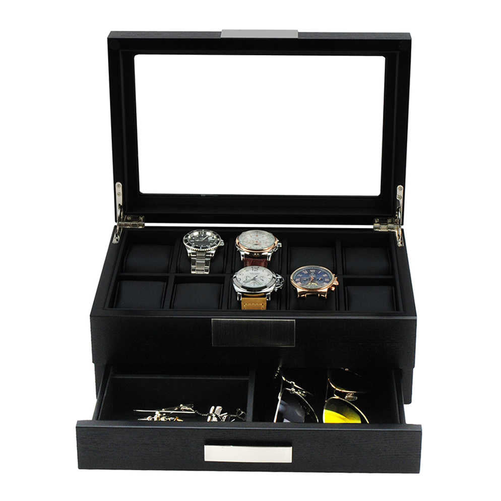 Black Wooden Watch Box, 10 Watch Box, Cuffed Watch Box, Clinks Australia Watch Box, Black Watch Boxes on Cuffed, Australia Watch Box, Watch Storage Box, Watch Display Box, 10 Slots Watch Boxes, Watch Boxes for 10, Wooden Watch Box, Black, Wooden, Watch Boxes with Drawer, Storage Boxes, CB5007, Clinks.com
