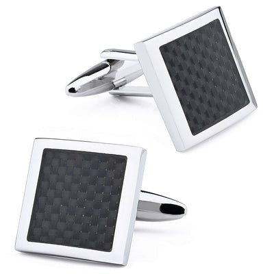 Black Carbon Fibre in Silver Square Cufflinks