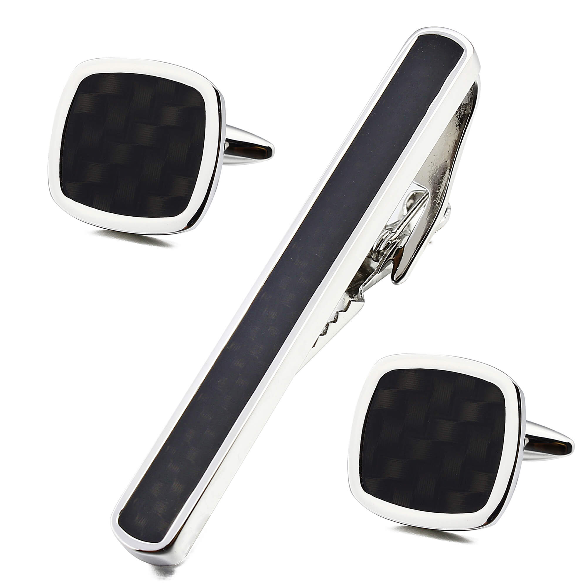 Black Woven Pattern Cufflink and Tie Clip Set