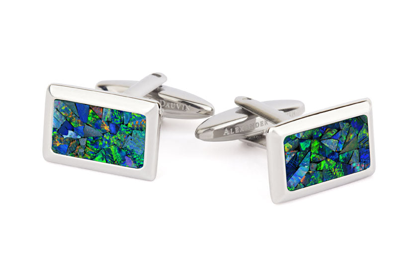 Australian Rectangle Opal Cufflinks (Green Silver)