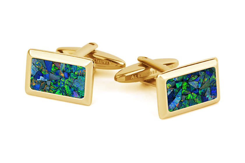 Australian Rectangle Opal Cufflinks (Green Yellow Gold)