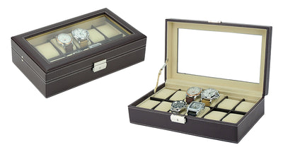 Dark Brown Leather Watch Box for 12 Watches, Watch Boxes, Watch Box, Storage Boxes, Dark Brown, Leather, Watch Box for 12 Watches, CB5079, Clinks.com