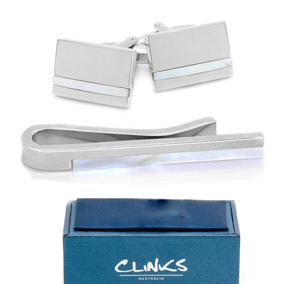 Silver Mother of Pearl Cufflinks & Tie Bar Set