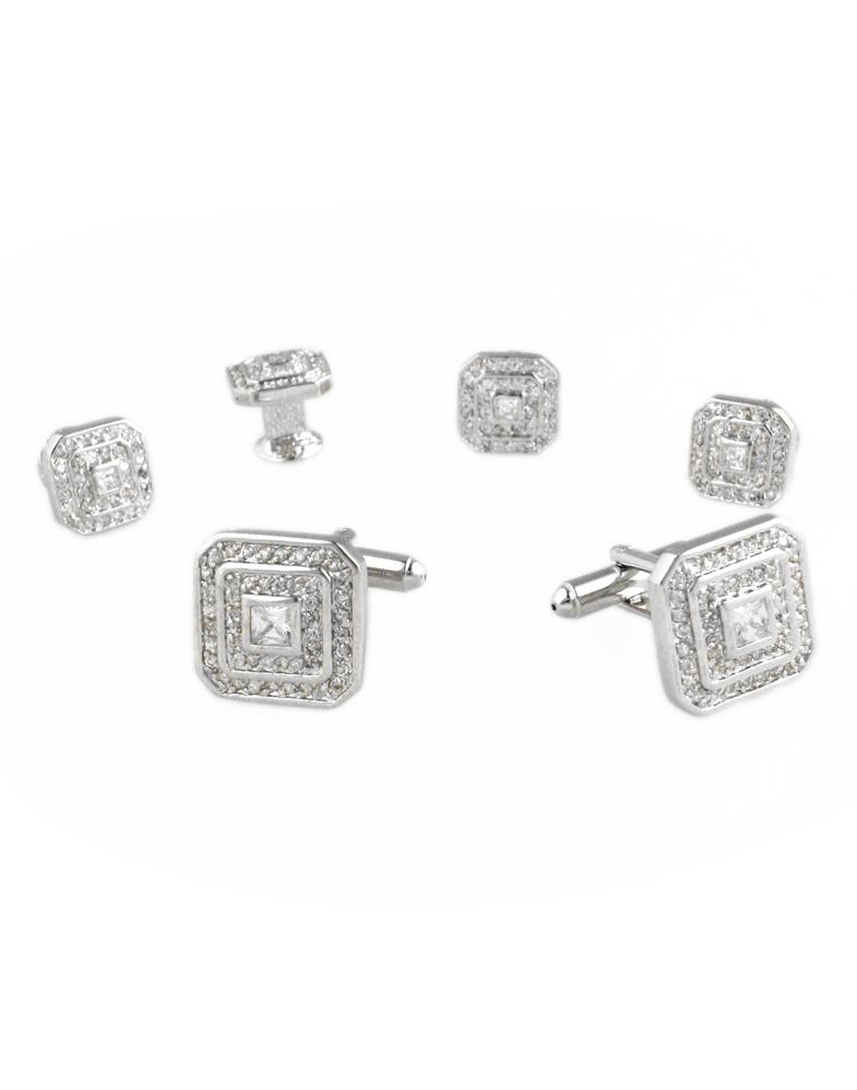 Square Crystal with Silver Trim Cufflinks and Stud Set