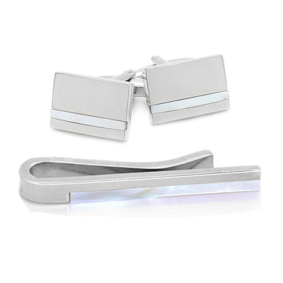 Silver Mother of Pearl Cufflinks & Tie Bar Set