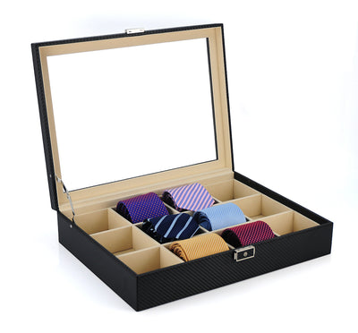 Carbon Fibre Leather Tie Box for 12, Tie Storage Box, Storage Boxes, CB5019, Cuffed, Clinks, Clinks Australia