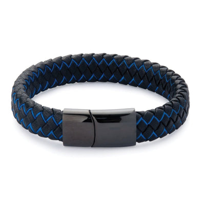 Black Leather and Blue Wire Bracelet -Black Clasp