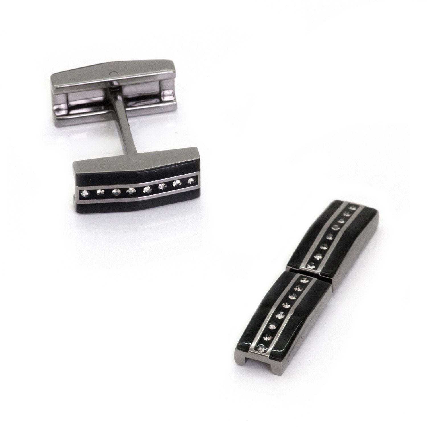 Black Gunmetal and Crystal Fold Flat Cufflinks