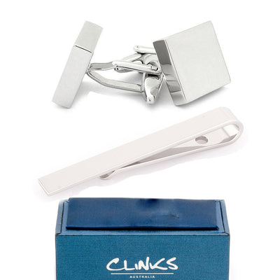 Shiny Silver Square Engravable Cufflinks & Tie Bar Set