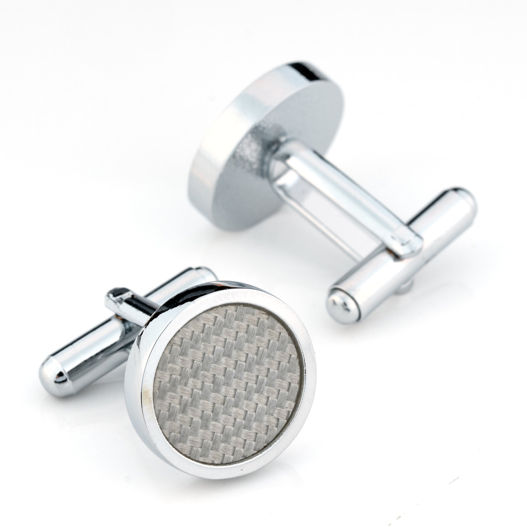 Round Silver Carbon Fibre Cufflinks