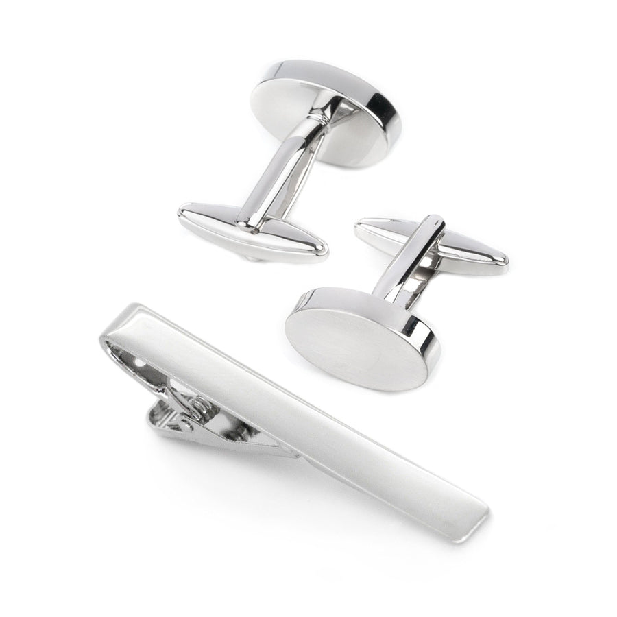 Silver Oval Engravable Cufflinks & Tie Clip Set