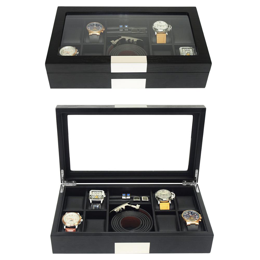 Black Wooden Watch Box, 8 Watch Box, Cuffed Watch Box, Clinks Australia Watch Box, Black Watch Boxes on Cuffed, Australia Watch Box, Watch Storage Box, Watch Display Box, 8 Slots Watch Boxes, Watch Boxes for 8, Wooden Watch Box, Black Wooden Watches + Organizer, CB5009, Clinks.com
