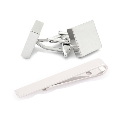 Shiny Silver Square Engravable Cufflinks & Tie Bar Set