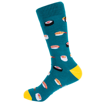 Succulent Sushi Bamboo Socks by Dapper Roo, Succulent Sushi Socks, Dapper Roo, Socks, Teal, Yellow, Orange, Red, White, Black, Bamboo, Elastane, Nylon, Elastic, SK2001, Men's Socks, Socks for Men, Clinks.com