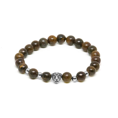 Beaded Bronzite & Silver Lion Bracelet