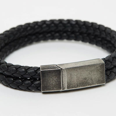 Double Black Leather Weave Bracelet - Aged Steel Clasp